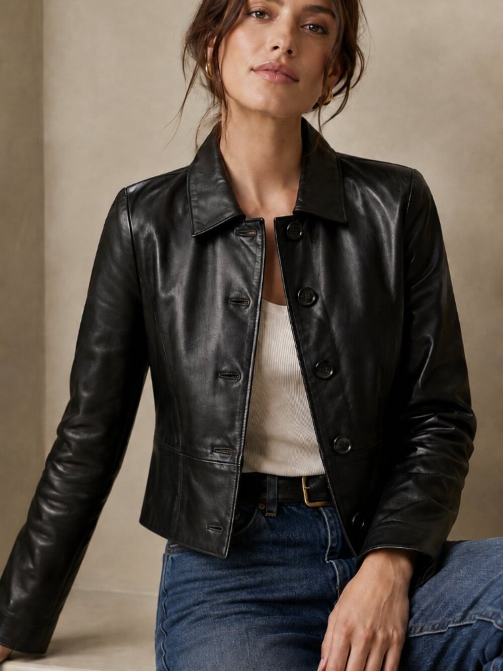 Banana Republic Genuine Leather Jacket XS Black Button Front Soft Leather Y2K